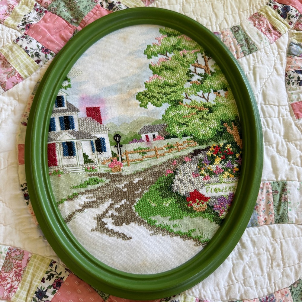 Vintage Handmade Cross Stitch Country Cottage Landscape Oval Green Frame